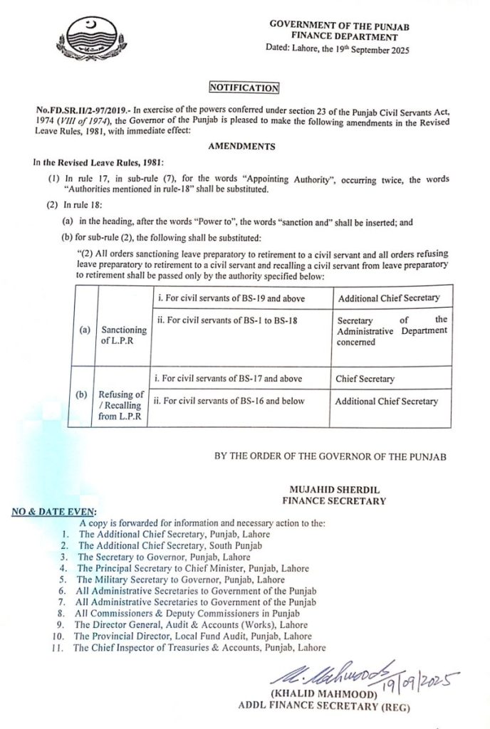 LPR Notification – Punjab Finance Department (19th September 2025)