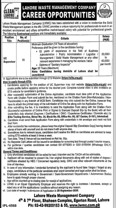 Suthra Punjab UC Supervisor Jobs 2025 in LWMC