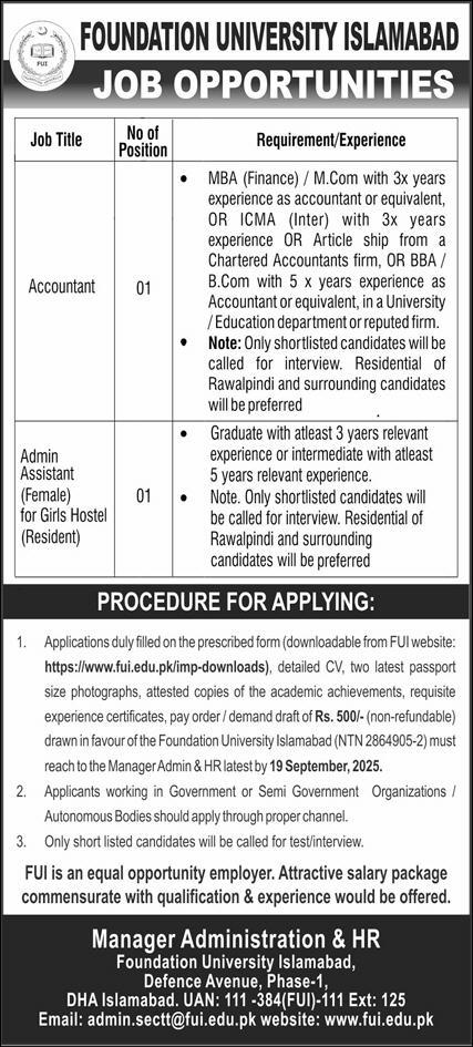 Accountant & Admin Assistant Jobs 2025 in Foundation University Islamabad